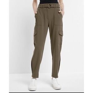 NEW EXPRESS $98‎ OLIVE GREEN SUPER HIGH WAISTED BELTED CARGO PANTS SZ 16S Plus